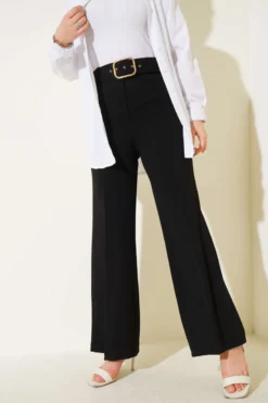 High Waist Wide Leg Trousers with Belt Black