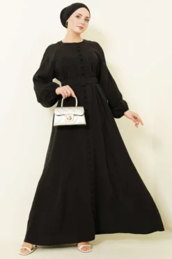 Belted Half Brit Button Modal Dress Black wholesale dress - Hicabistan Turkey factory