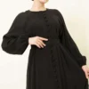 Belted Half Brit Button Modal Dress Black all'ingrosso dress view 2 - Hicabistan fabbrica Turchia