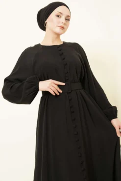 Belted Half Brit Button Modal Dress Black wholesale dress view 2 - Hicabistan Turkey factory