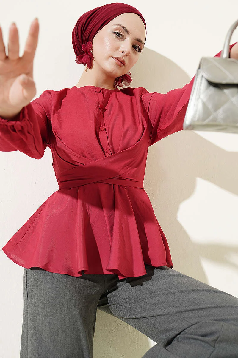 Self-Tie Short Shirt Burgundy al por mayor shirt - Hicabistan fábrica Turquía