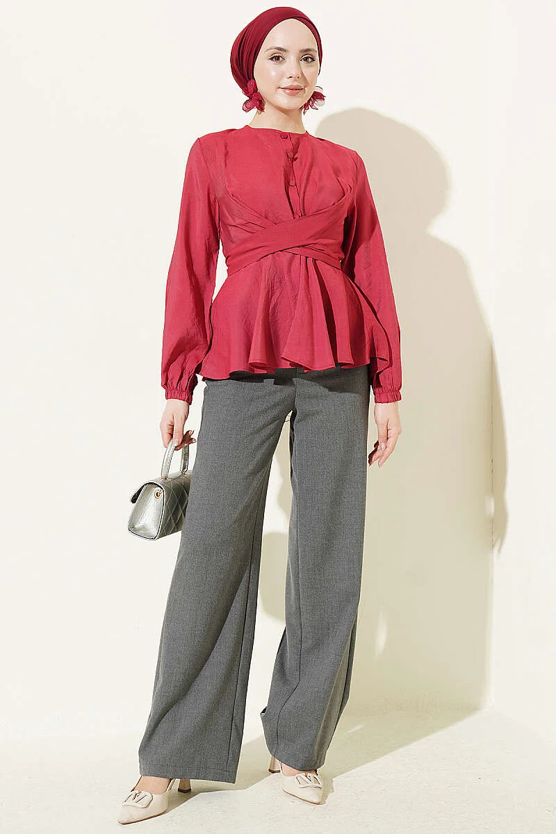 Self-Tie Short Shirt Burgundy al por mayor shirt view 2 - Hicabistan fábrica Turquía
