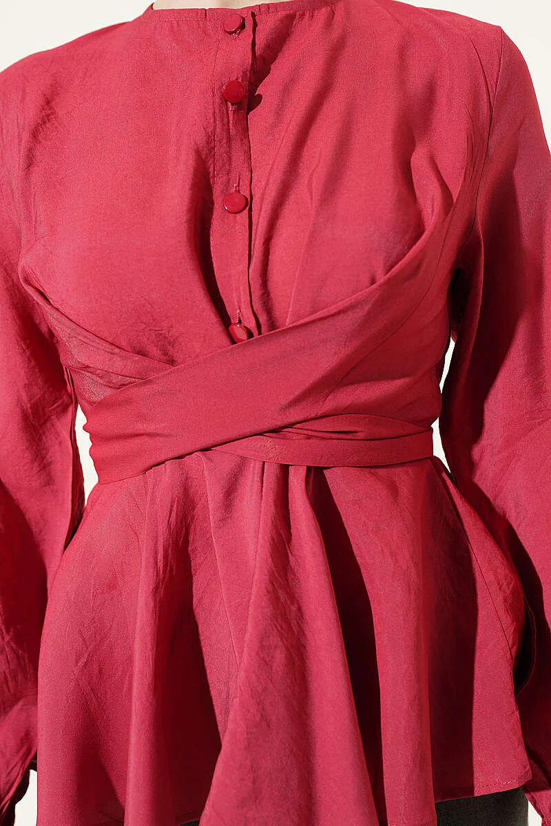 Self-Tie Short Shirt Burgundy al por mayor shirt view 4 - Hicabistan fábrica Turquía