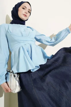 Self-Tie Short Shirt Blue groothandel shirt - Hicabistan Turkije fabriek