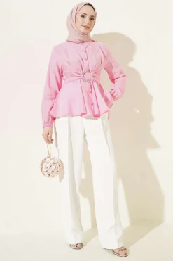 Self-Tie Short Shirt Pink groothandel shirt view 2 - Hicabistan Turkije fabriek