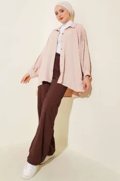 Alternative view of Self-Patterned Elastic Waist Pants Brown