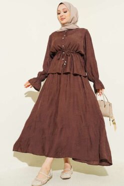 Self-Patterned Waist Tunic Skirt Set Brown