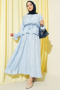 Self-Patterned Waist Tunic Skirt Set Blue