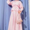 Self-Patterned Waist Tunic Skirt Set Pink
