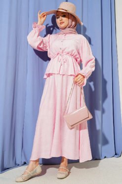 Self-Patterned Waist Tunic Skirt Set Pink