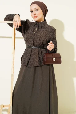 Self-Patterned Belted Tencel Skirt Set Mink wholesale clothing set view 2 - Hicabistan Turkey factory
