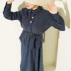 Self-Patterned Belted Tencel Skirt Set Navy Blue al por mayor clothing set - Hicabistan fábrica Turquía