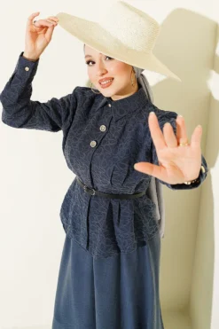 Self-Patterned Belted Tencel Skirt Set Navy Blue wholesale clothing set view 2 - Hicabistan Turkey factory