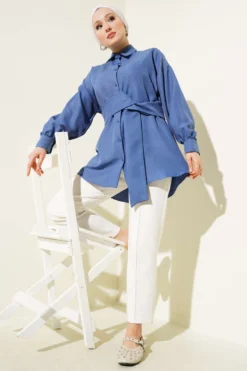Shirt with Self-Wide Belt Indigo wholesale shirt view 2 - Hicabistan Turkey factory