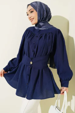 Shirt with Self-Tie Detail Navy Blue