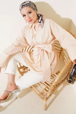 Self-Tie Front Gathered Tunic Beige