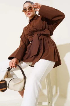 Self-Tie Front Gathered Tunic Brown