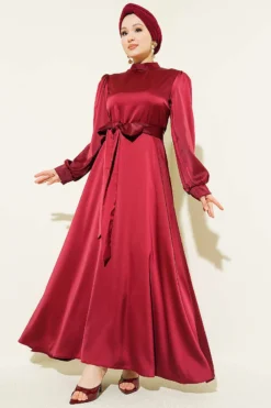Self-Tie Satin Evening Dress Burgundy