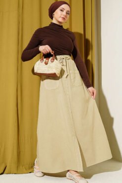 Linen Double Pocket Skirt Beige wholesale skirt view 2 - Hicabistan Turkey factory