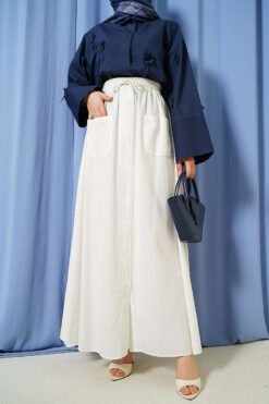 Linen Double Pocket Skirt Ecru wholesale skirt - Hicabistan Turkey factory