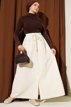 Linen Double Pocket Skirt Stone wholesale skirt view 2 - Hicabistan Turkey factory