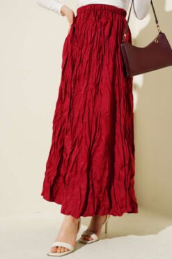 Wrinkled Pleated Skirt Burgundy بالجملة skirt view 2 - Hicabistan مصنع تركيا