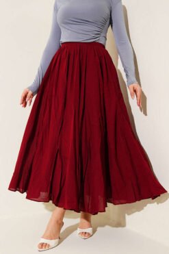 Wrinkled Pleated Flared Voile Skirt Burgundy