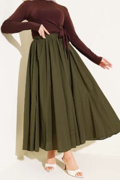 Wrinkled Pleated Flared Voile Skirt Khaki