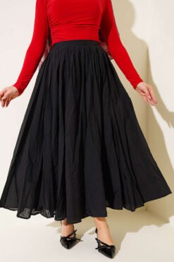 Wrinkled Pleated Flared Voile Skirt Black