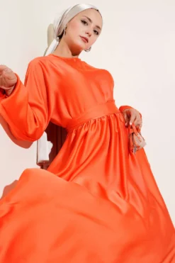 Elastic Waist A-Line Dress Orange al por mayor dress - Hicabistan fábrica Turquía