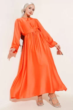Elastic Waist A-Line Dress Orange al por mayor dress view 2 - Hicabistan fábrica Turquía