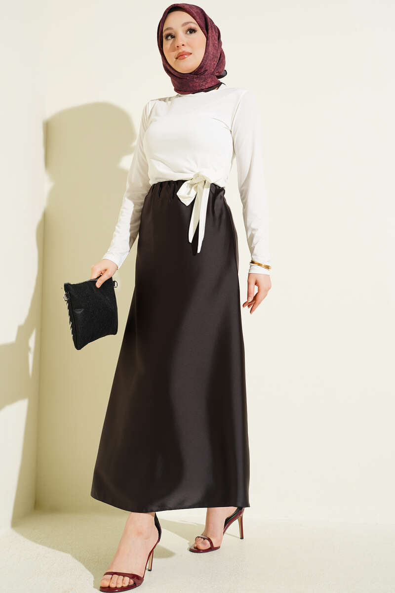 Elastic Waist Satin Skirt Brown all'ingrosso skirt view 2 - Hicabistan fabbrica Turchia