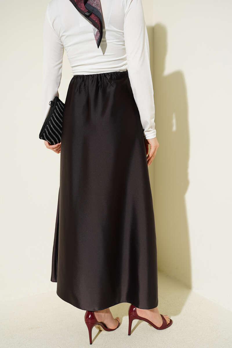 Elastic Waist Satin Skirt Brown all'ingrosso skirt view 3 - Hicabistan fabbrica Turchia