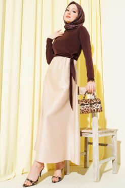 Elastic Waist Satin Skirt Beige groothandel skirt view 2 - Hicabistan Turkije fabriek