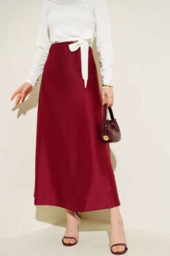 Elastic Waist Satin Skirt Burgundy groothandel skirt - Hicabistan Turkije fabriek