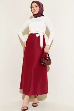 Elastic Waist Satin Skirt Burgundy groothandel skirt view 2 - Hicabistan Turkije fabriek