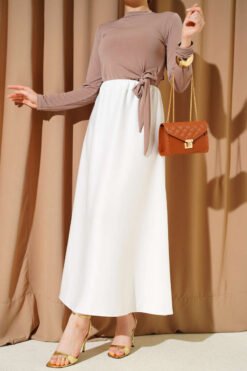 Elastic Waist Satin Skirt Ecru groothandel skirt - Hicabistan Turkije fabriek