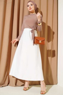 Elastic Waist Satin Skirt Ecru groothandel skirt view 2 - Hicabistan Turkije fabriek