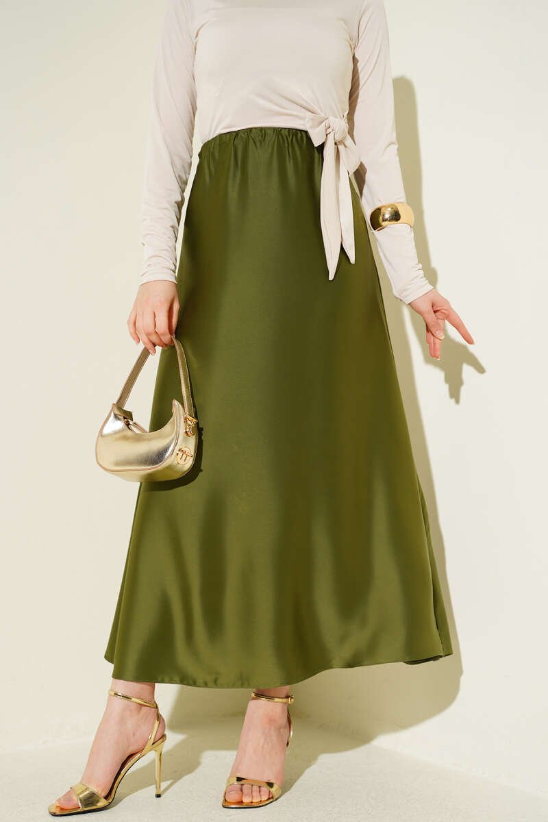 Elastic Waist Satin Skirt Khaki