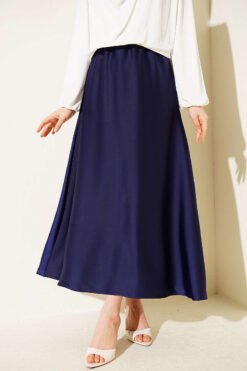Elastic Waist Satin Skirt Navy Blue groothandel skirt - Hicabistan Turkije fabriek