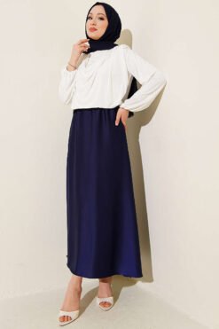 Elastic Waist Satin Skirt Navy Blue groothandel skirt view 2 - Hicabistan Turkije fabriek