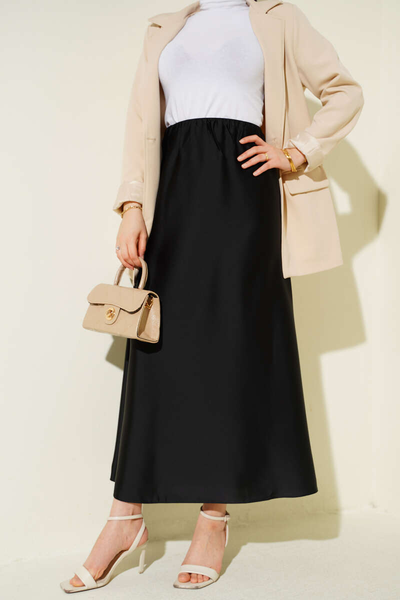 Elastic Waist Satin Skirt Black Großhandel skirt - Hicabistan Türkei Fabrik