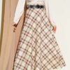 Pleated Checkered Patterned Belted Skirt Beige بالجملة skirt - Hicabistan مصنع تركيا