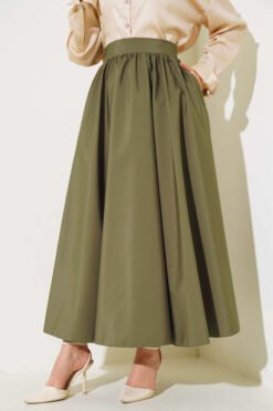 Flared Taffeta Skirt Khaki all'ingrosso skirt view 2 - Hicabistan fabbrica Turchia