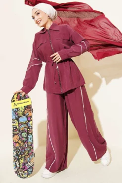Belted Two-Piece Set Burgundy
