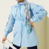 Ruffled Sleeve Tie Waist Shirt Baby Blue groothandel shirt - Hicabistan Turkije fabriek