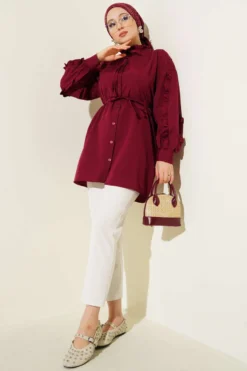 Alternative view of Ruffled Sleeve Tie Waist Shirt Burgundy