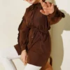 Ruffled Sleeve Tie Waist Shirt Brown Großhandel shirt - Hicabistan Türkei Fabrik