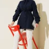 Ruffled Sleeve Tie Waist Shirt Navy Blue بالجملة shirt view 2 - Hicabistan مصنع تركيا