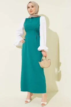 Dress with Waist Tie and Sleeve Details Green all'ingrosso dress - Hicabistan fabbrica Turchia